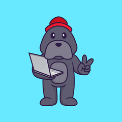 Cute dog holding laptop. Animal cartoon concept isolated. Can used for t-shirt, greeting card, invitation card or mascot. Flat Cartoon Style
