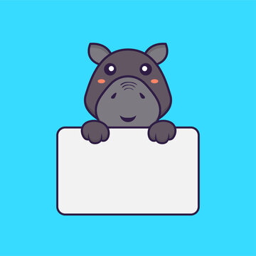 Cute hippopotamus holding whiteboard. Animal cartoon concept isolated. Can used for t-shirt, greeting card, invitation card or mascot. Flat Cartoon Style