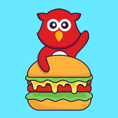 Cute bird eating burger. Animal cartoon concept isolated. Can used for t-shirt, greeting card, invitation card or mascot. Flat Cartoon Style