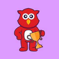 Cute bird holding gold trophy. Animal cartoon concept isolated. Can used for t-shirt, greeting card, invitation card or mascot. Flat Cartoon Style