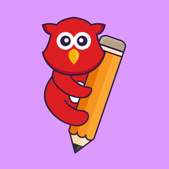 Cute bird holding a pencil. Animal cartoon concept isolated. Can used for t-shirt, greeting card, invitation card or mascot. Flat Cartoon Style
