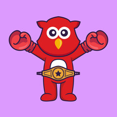 Cute bird in boxer costume with champion belt. Animal cartoon concept isolated. Can used for t-shirt, greeting card, invitation card or mascot. Flat Cartoon Style
