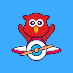Cute bird flying on a plane. Animal cartoon concept isolated. Can used for t-shirt, greeting card, invitation card or mascot. Flat Cartoon Style