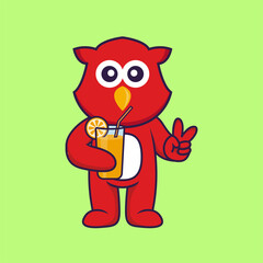 Cute bird holding orange juice in glass. Animal cartoon concept isolated. Can used for t-shirt, greeting card, invitation card or mascot. Flat Cartoon Style