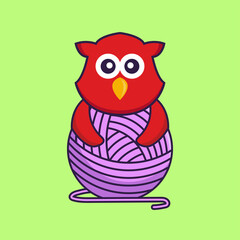 Cute bird playing with wool yarn. Animal cartoon concept isolated. Can used for t-shirt, greeting card, invitation card or mascot. Flat Cartoon Style