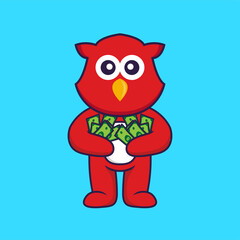 Cute bird holding money. Animal cartoon concept isolated. Can used for t-shirt, greeting card, invitation card or mascot. Flat Cartoon Style