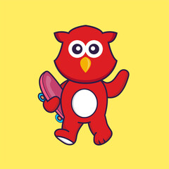 Cute bird holding a skateboard. Animal cartoon concept isolated. Can used for t-shirt, greeting card, invitation card or mascot. Flat Cartoon Style