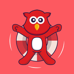Cute bird is Swimming with a buoy. Animal cartoon concept isolated. Can used for t-shirt, greeting card, invitation card or mascot. Flat Cartoon Style