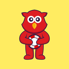 Cute bird holding a buoy. Animal cartoon concept isolated. Can used for t-shirt, greeting card, invitation card or mascot. Flat Cartoon Style