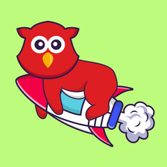 Cute bird flying on rocket. Animal cartoon concept isolated. Can used for t-shirt, greeting card, invitation card or mascot. Flat Cartoon Style