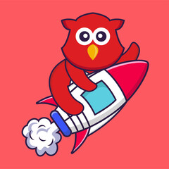 Cute bird flying on rocket. Animal cartoon concept isolated. Can used for t-shirt, greeting card, invitation card or mascot. Flat Cartoon Style