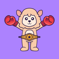 Cute sheep in boxer costume with champion belt. Animal cartoon concept isolated. Can used for t-shirt, greeting card, invitation card or mascot. Flat Cartoon Style