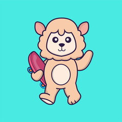 Cute sheep holding a skateboard. Animal cartoon concept isolated. Can used for t-shirt, greeting card, invitation card or mascot. Flat Cartoon Style