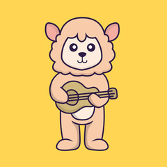 Cute sheep playing guitar. Animal cartoon concept isolated. Can used for t-shirt, greeting card, invitation card or mascot. Flat Cartoon Style