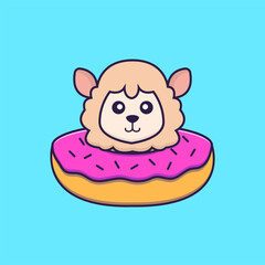Cute sheep with a donut on his neck. Animal cartoon concept isolated. Can used for t-shirt, greeting card, invitation card or mascot. Flat Cartoon Style