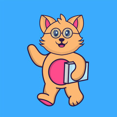 Cute cat holding a book. Animal cartoon concept isolated. Can used for t-shirt, greeting card, invitation card or mascot. Flat Cartoon Style