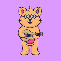 Cute cat playing guitar. Animal cartoon concept isolated. Can used for t-shirt, greeting card, invitation card or mascot. Flat Cartoon Style