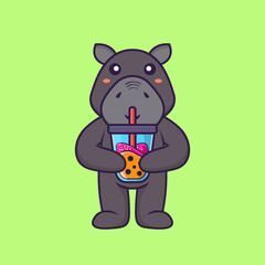 Obraz na płótnie Canvas Cute hippopotamus Drinking Boba milk tea. Animal cartoon concept isolated. Can used for t-shirt, greeting card, invitation card or mascot. Flat Cartoon Style
