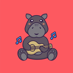 Cute hippopotamus playing guitar. Animal cartoon concept isolated. Can used for t-shirt, greeting card, invitation card or mascot. Flat Cartoon Style