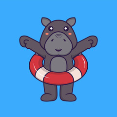 Cute hippopotamus using a float. Animal cartoon concept isolated. Can used for t-shirt, greeting card, invitation card or mascot. Flat Cartoon Style