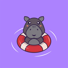 Cute hippopotamus is Swimming with a buoy. Animal cartoon concept isolated. Can used for t-shirt, greeting card, invitation card or mascot. Flat Cartoon Style