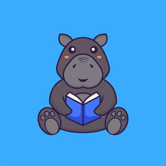 Cute hippopotamus reading a book. Animal cartoon concept isolated. Can used for t-shirt, greeting card, invitation card or mascot. Flat Cartoon Style