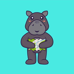 Cute hippopotamus holding a map. Animal cartoon concept isolated. Can used for t-shirt, greeting card, invitation card or mascot. Flat Cartoon Style