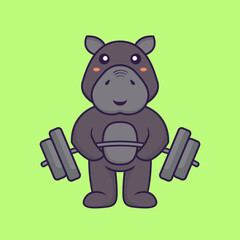 Cute hippopotamus lifts the barbell. Animal cartoon concept isolated. Can used for t-shirt, greeting card, invitation card or mascot. Flat Cartoon Style