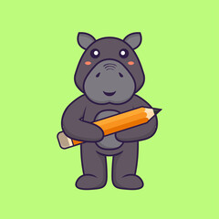 Cute hippopotamus holding a pencil. Animal cartoon concept isolated. Can used for t-shirt, greeting card, invitation card or mascot. Flat Cartoon Style