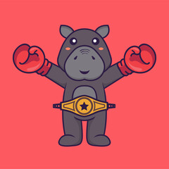 Cute hippopotamus in boxer costume with champion belt. Animal cartoon concept isolated. Can used for t-shirt, greeting card, invitation card or mascot. Flat Cartoon Style