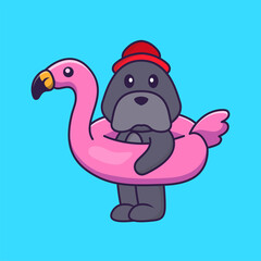 Cute dog With flamingo buoy. Animal cartoon concept isolated. Can used for t-shirt, greeting card, invitation card or mascot. Flat Cartoon Style