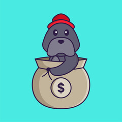 Cute dog in a money bag. Animal cartoon concept isolated. Can used for t-shirt, greeting card, invitation card or mascot. Flat Cartoon Style