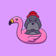 Cute dog With flamingo buoy. Animal cartoon concept isolated. Can used for t-shirt, greeting card, invitation card or mascot. Flat Cartoon Style