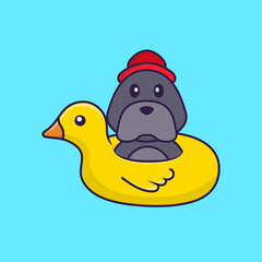 Cute dog With Duck buoy. Animal cartoon concept isolated. Can used for t-shirt, greeting card, invitation card or mascot. Flat Cartoon Style