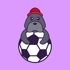 Cute dog playing soccer. Animal cartoon concept isolated. Can used for t-shirt, greeting card, invitation card or mascot. Flat Cartoon Style
