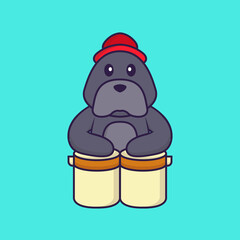 Cute dog is playing drums. Animal cartoon concept isolated. Can used for t-shirt, greeting card, invitation card or mascot. Flat Cartoon Style