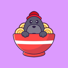 Cute dog eating ramen noodles. Animal cartoon concept isolated. Can used for t-shirt, greeting card, invitation card or mascot. Flat Cartoon Style