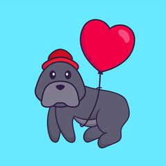 Cute dog flying with love shaped balloons. Animal cartoon concept isolated. Can used for t-shirt, greeting card, invitation card or mascot. Flat Cartoon Style