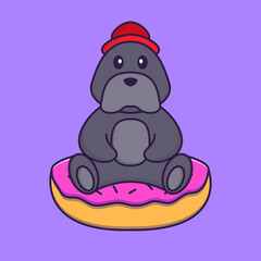 Cute dog is sitting on donuts. Animal cartoon concept isolated. Can used for t-shirt, greeting card, invitation card or mascot. Flat Cartoon Style