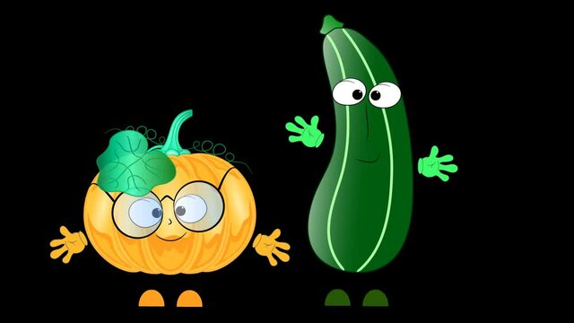Cartoon characters pumpkin and zucchini are dancing. Animation on a transparent background.