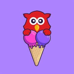 Cute bird with sweet ice cream. Animal cartoon concept isolated. Can used for t-shirt, greeting card, invitation card or mascot. Flat Cartoon Style