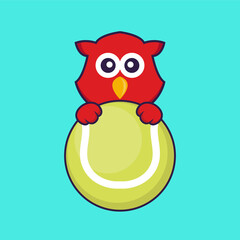 Cute bird playing tennis. Animal cartoon concept isolated. Can used for t-shirt, greeting card, invitation card or mascot. Flat Cartoon Style