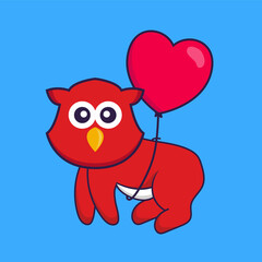 Cute bird flying with love shaped balloons. Animal cartoon concept isolated. Can used for t-shirt, greeting card, invitation card or mascot. Flat Cartoon Style
