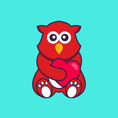 Cute bird holding a big red heart. Animal cartoon concept isolated. Can used for t-shirt, greeting card, invitation card or mascot. Flat Cartoon Style