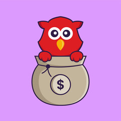 Cute bird playing in money bag. Animal cartoon concept isolated. Can used for t-shirt, greeting card, invitation card or mascot. Flat Cartoon Style