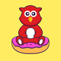 Cute bird is sitting on donuts. Animal cartoon concept isolated. Can used for t-shirt, greeting card, invitation card or mascot. Flat Cartoon Style