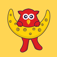 Cute bird is on the moon. Animal cartoon concept isolated. Can used for t-shirt, greeting card, invitation card or mascot. Flat Cartoon Style