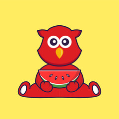 Cute bird eating watermelon. Animal cartoon concept isolated. Can used for t-shirt, greeting card, invitation card or mascot. Flat Cartoon Style