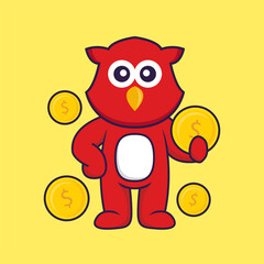 Cute bird holding coin. Animal cartoon concept isolated. Can used for t-shirt, greeting card, invitation card or mascot. Flat Cartoon Style