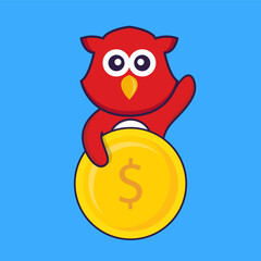 Cute bird holding coin. Animal cartoon concept isolated. Can used for t-shirt, greeting card, invitation card or mascot. Flat Cartoon Style